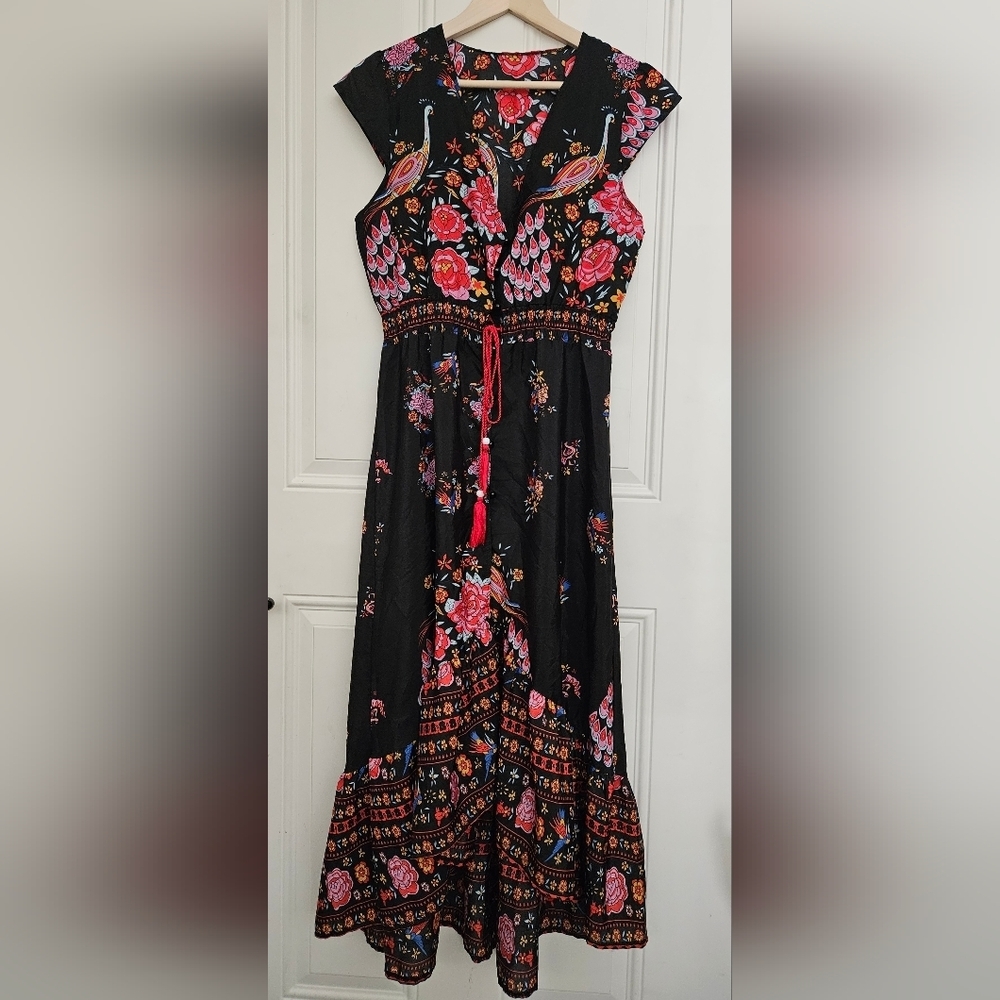 Wish V-Neck Peacock Floral Print Flare Sleeve Bohemian cotton blend Dress size S - Picture 3 of 13
